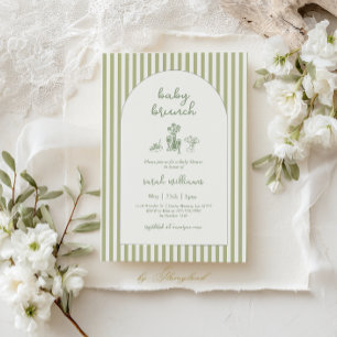 Invitación Tarde de brunch para bebé con raya verde salvia Ba