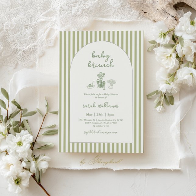 Invitación Tarde de brunch para bebé con raya verde salvia Ba (Subido por el creador)