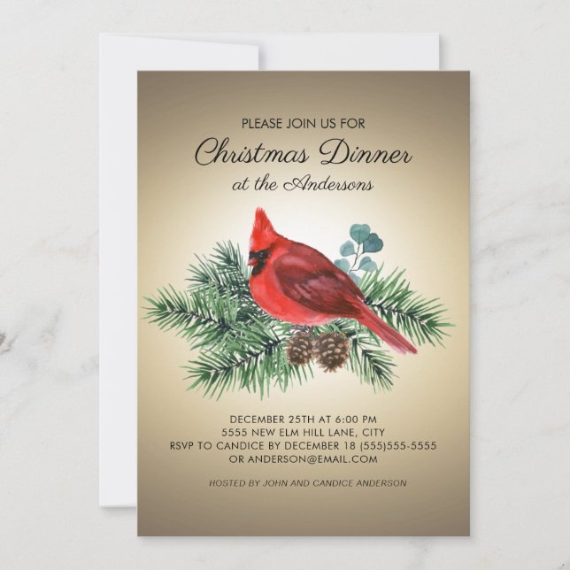 Invitación Tarde de Navidad con Cardenal Rojo Ramas de Pino (Anverso)