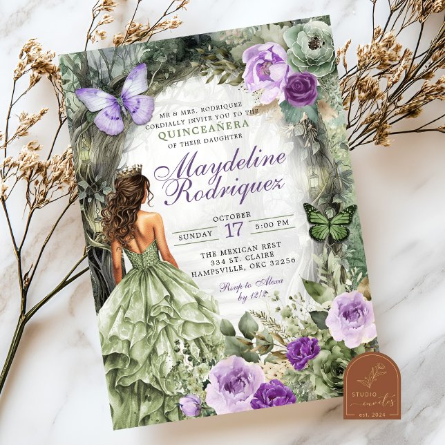 Invitación Tarde de Quinceañera Verde y Salvia Púrpura en el  (Subido por el creador)