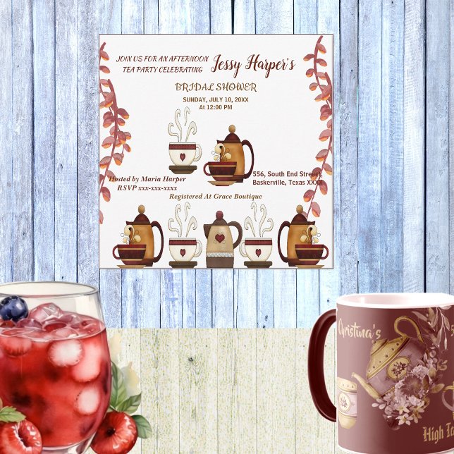 Invitación Tarde de té con tetera de barro Fiesta de regalos  (Earthen Teapot Afternoon Tea Party Bridal Shower Invitation)