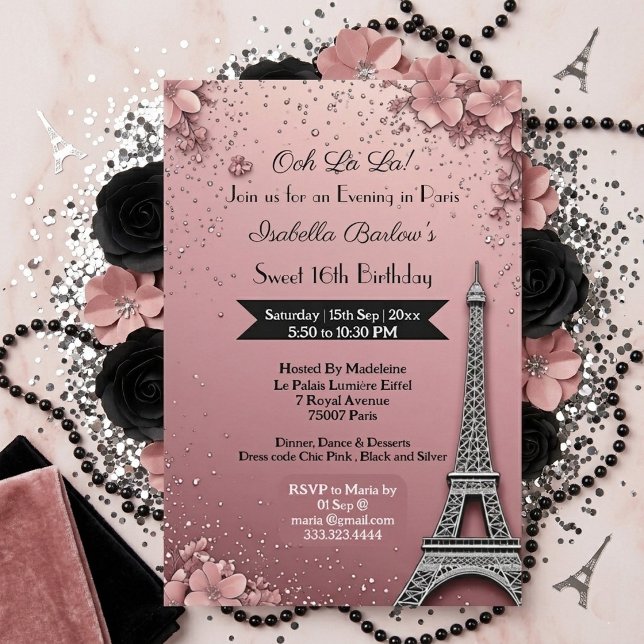 Invitación Tarde en París Torre Eiffel Dulces 16 Rosa Rosado (Evening in Paris Eiffel Tower Sweet 16 Blush Pink Invitation)
