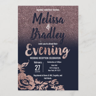 Invitación Tarde floral subió azules marinos del purpurina