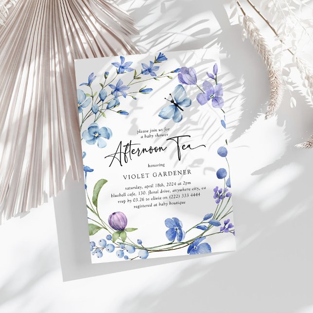 Invitación Tarde Tea Blue Wildflower Wreath Baby Shower (Subido por el creador)