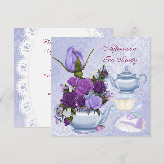 Invitación Tarde Tea Fiesta Tetera Floral Púrpura (Anverso / Reverso)