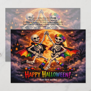 Invitación 🕷️🌈Tarjeta de huesos bailarines y lunas arcoíris