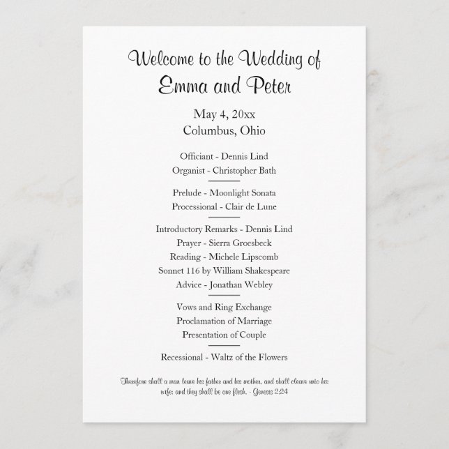 Invitación Tarjeta/Programa de Boda Descargable Simple de un  (Anverso)