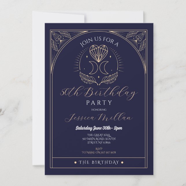 Invitación Tarot Birthday Party Heart Moon Crystars (Anverso)