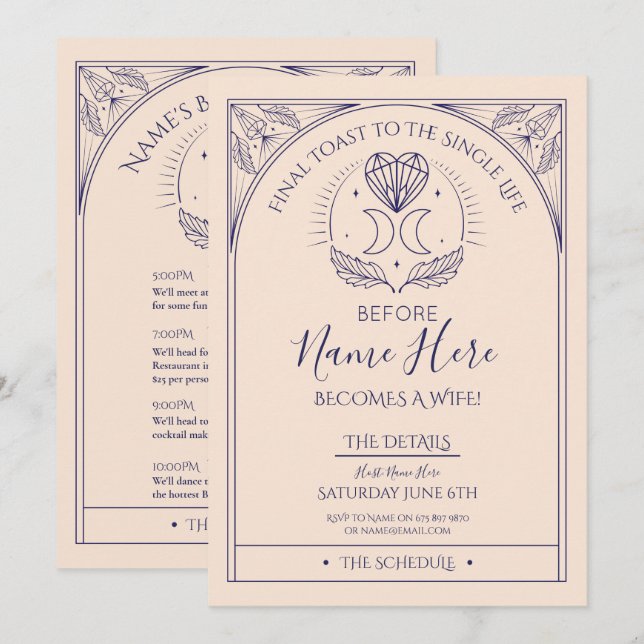 Invitación Tarot Bridal Shower Fiesta Itinerary Heart Mystica (Anverso / Reverso)