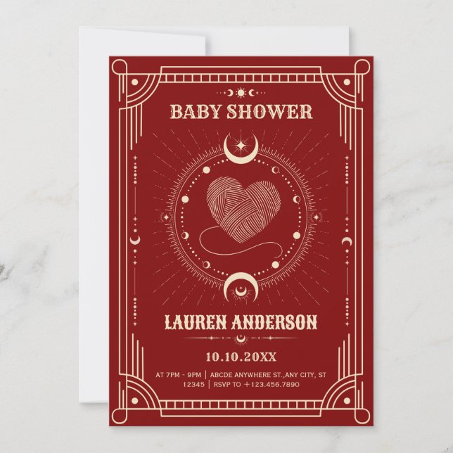 Invitación Tarot de romance rojo boho místico luna de bebé (Anverso)