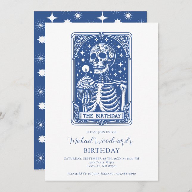 Invitación Tarot Skeleton Blue Birthday (Anverso / Reverso)
