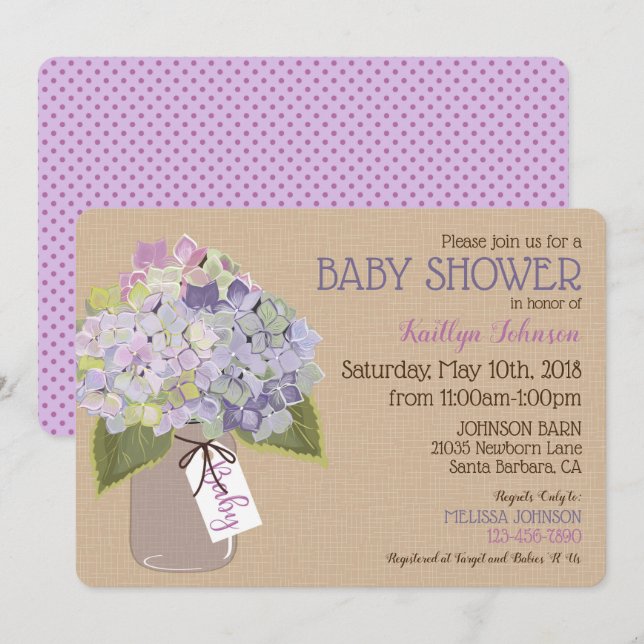 Invitación Tarro de albañil del Hydrangea de la lavanda Baby (Anverso / Reverso)
