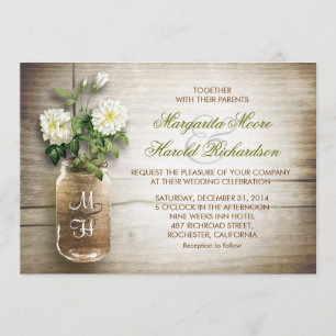 Invitación Tarro de albañil y flores blancas que casan