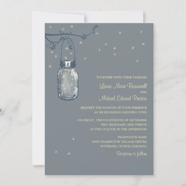 Invitación Tarro de albañil y luciérnagas que casan (Anverso)