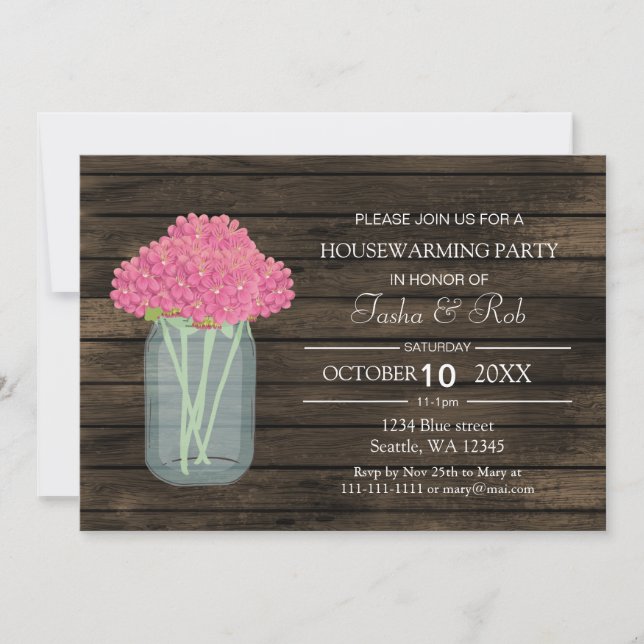 Invitación tarro de albañilería floral rosa de madera de pino (Anverso)