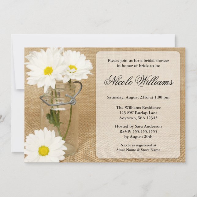 Invitación Tarro de Mason Arpillera Margaritas Blancas Desped (Anverso)