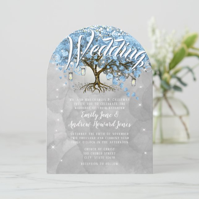 Invitación Tarro de Mason de Menú Corazón Azul Hoja de Árbol  (Anverso de pie)