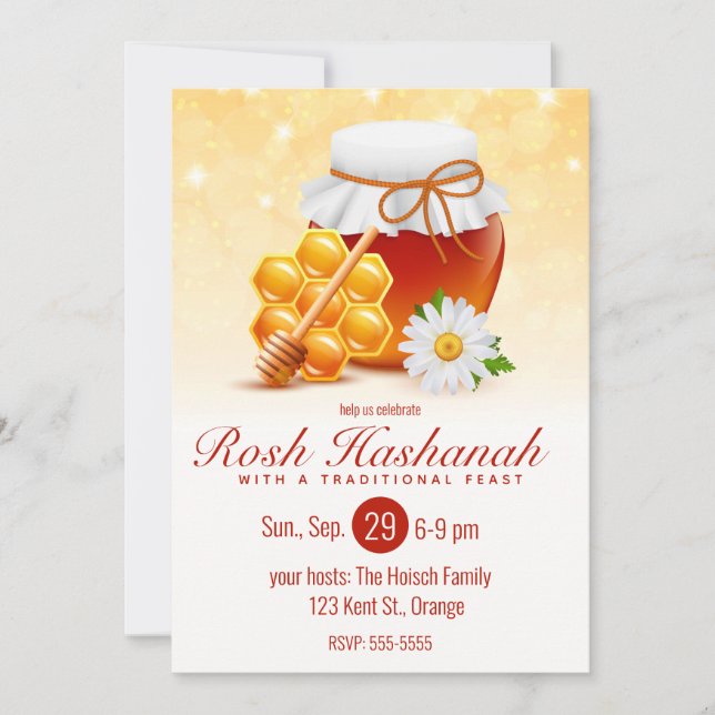 Invitación Tarro de Miel, Panal, Daisy Rosh Hashanah (Anverso)
