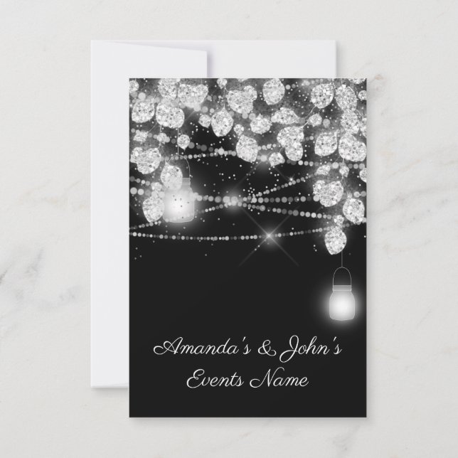 Invitación Tarros de luces de boda brillo gris negro blanco (Reverso)