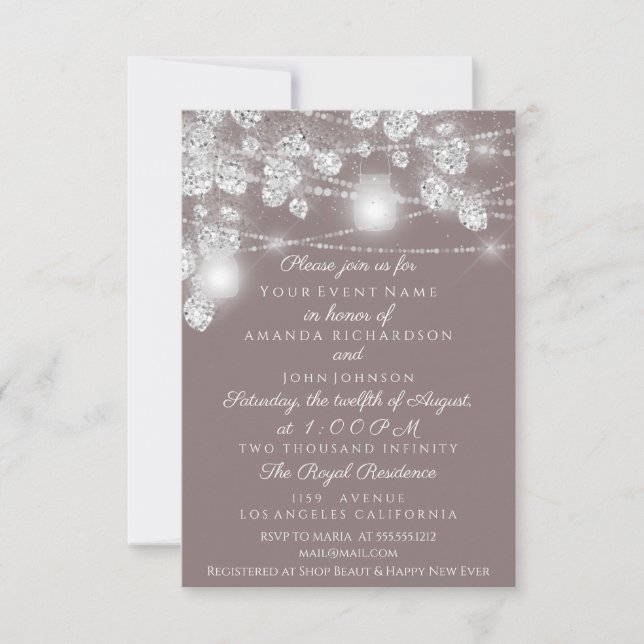 Invitación Tarros de luces de boda brillo gris plata marrón (Anverso)