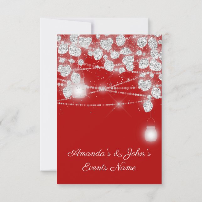 Invitación Tarros de luces de boda brillo gris plata rojo (Reverso)