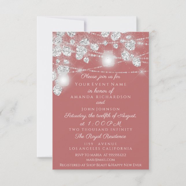 Invitación Tarros de luces de boda brillo gris plata rosa (Anverso)