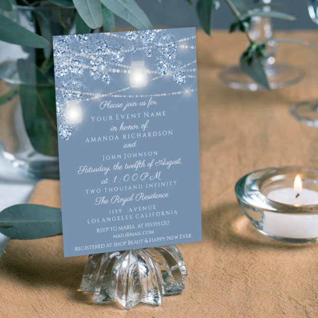 Invitación Tarros de luces de boda rústicos azul polvoriento  (Subido por el creador)