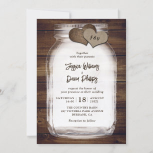 Invitación Tarros de Mason Corazones de Arpillera Madera de G