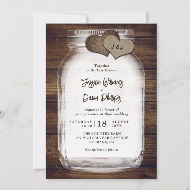 Invitación Tarros de Mason Corazones de Arpillera Madera de G (Anverso)