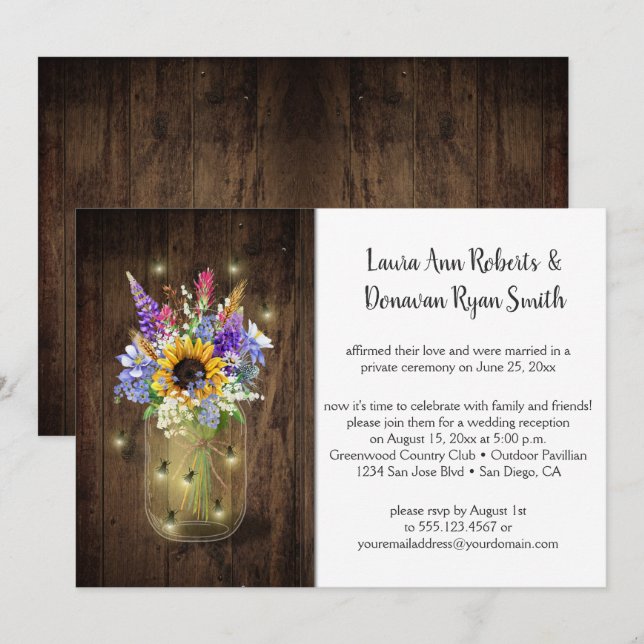 Invitación Tarros de Mason de Luciérnagas Flores Silvestres S (Anverso / Reverso)