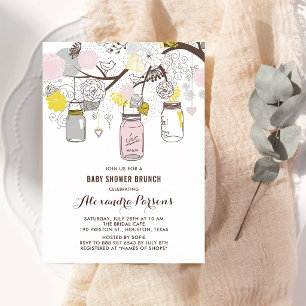 Invitación Tarros Mason Grises Rosados Florales Brunch Celebr