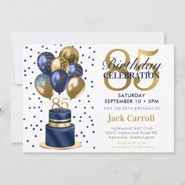 Invitación Tarta azul marino para el 85 cumpleaños (Anverso)