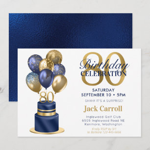 Invitación Tarta azul marino sorpresa por el 80 cumpleaños