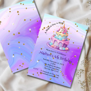Invitación Tarta Azul Purpura Unicornio Brillo Cumpleaños 4