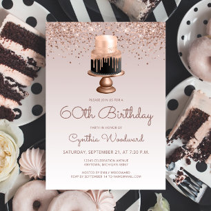 Invitación Tarta Brillante Rosa Dorado Cumpleaños 60 Fiesta