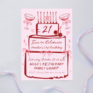 Invitación Tarta contemporánea rosa dibujada a mano para cump