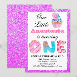 Invitación Tarta Cumpleaños Purpura Brillo 1er Cumpleaños Uno