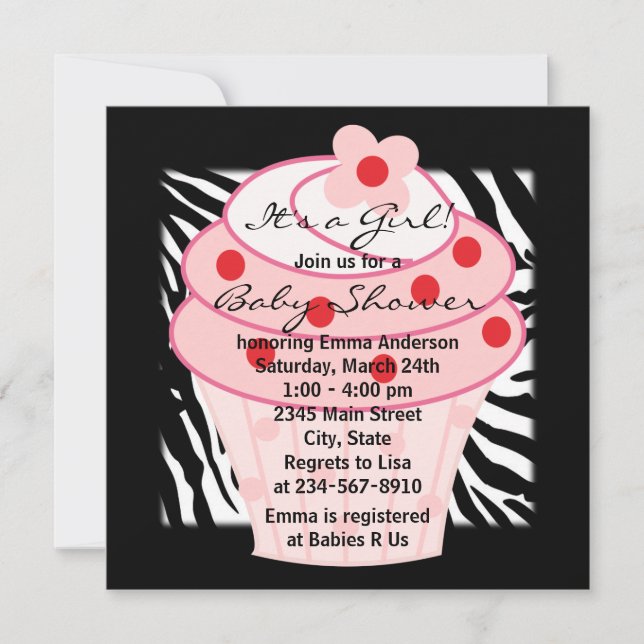 Invitación Tarta Cumpleaños Rosa Cebrita Fiesta de Bebé (Anverso)