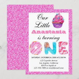 Invitación Tarta Cumpleaños Uno Cumpleañera Rosa Brillante