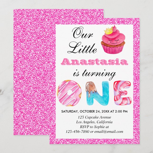 Invitación Tarta Cumpleaños Uno Cumpleaños 1º Cumple Glitter  (Anverso / Reverso)