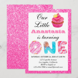 Invitación Tarta Cumpleaños Uno Rosa Brillante Cumpleaños 1