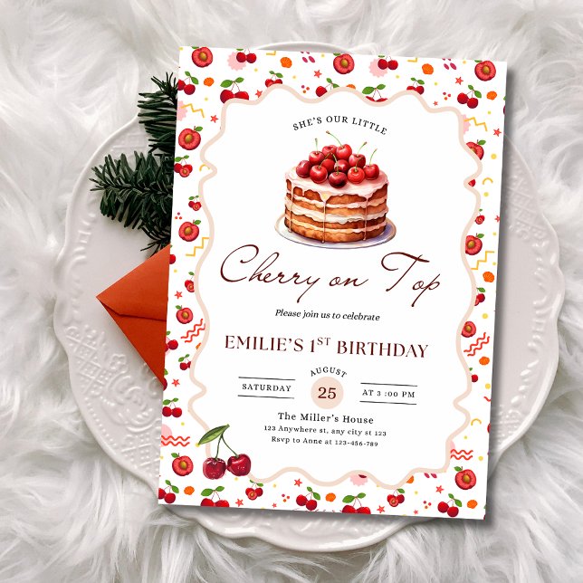 Invitación Tarta de Cereza Cumpleaños 1er Cumpleaños Niñas Te (Subido por el creador)