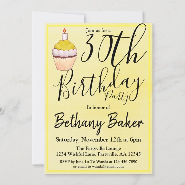 Invitación Tarta de Cumpleaños Acuarela Amarilla Fiesta de 30 (Anverso)