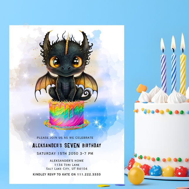 Invitación Tarta de cumpleaños arcoíris de dragón negro lindo (Subido por el creador)
