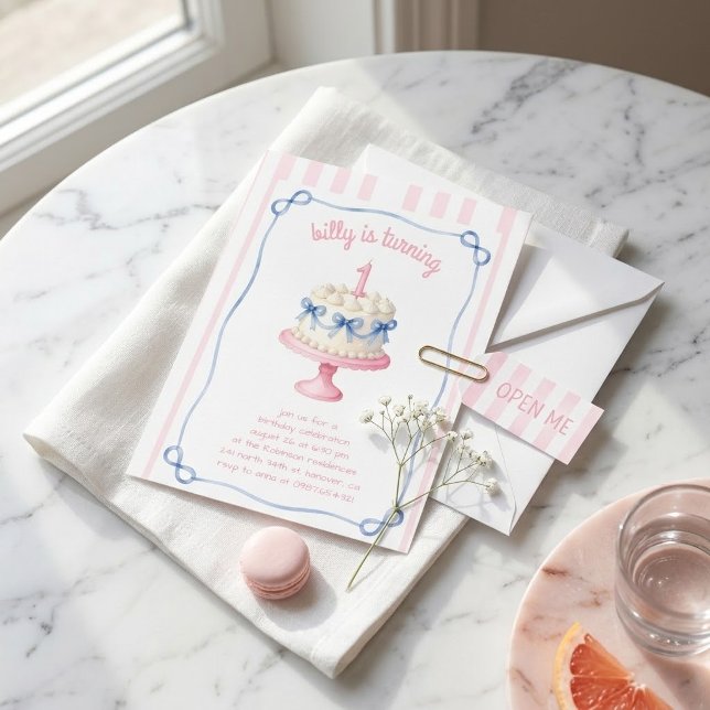 Invitación Tarta de cumpleaños con cinta de coqueta rosa 1er (Subido por el creador)