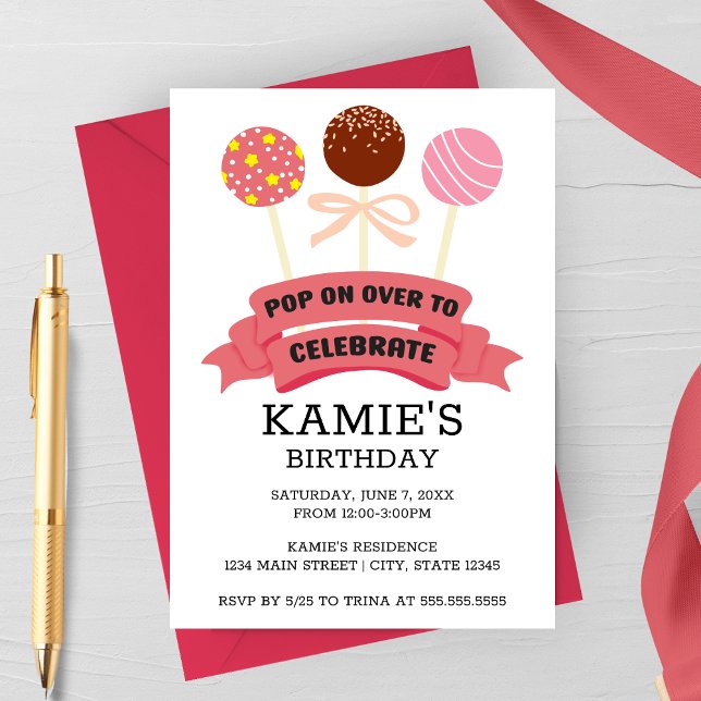 Invitación Tarta de Cumpleaños con Palitos de Rosa (Pink Cake Pops Birthday Party Invitation)