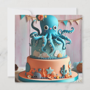 INVITACIÓN TARTA DE CUMPLEAÑOS CON PULPO AZUL FESTIVO