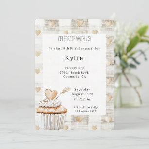 Invitación Tarta de Cumpleaños Cupcake Corazones Boho Cream  