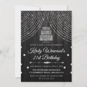 Invitación Tarta de cumpleaños de diamante negro plateado