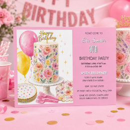 Invitación Tarta De Cumpleaños De Flor Rosa Femenina Fiesta D